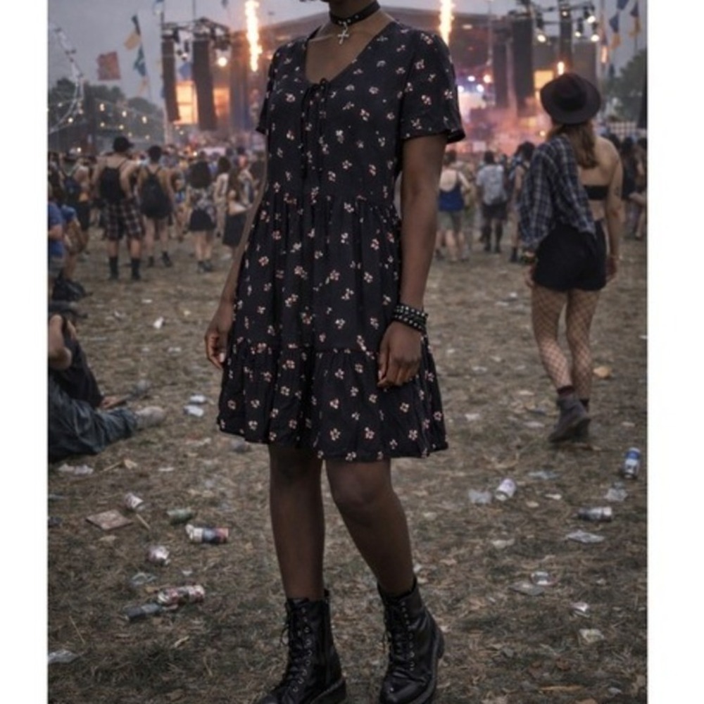 Floral Mini Dress Black Boho Peasant Tie Front Women's Medium Goth Grunge